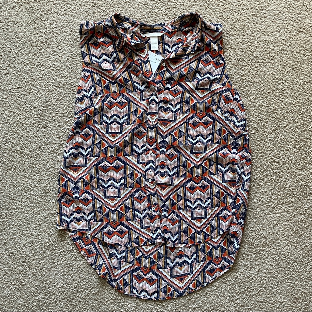 H&M Patterned Sleeveless High Low Button Down Blouse Size 14